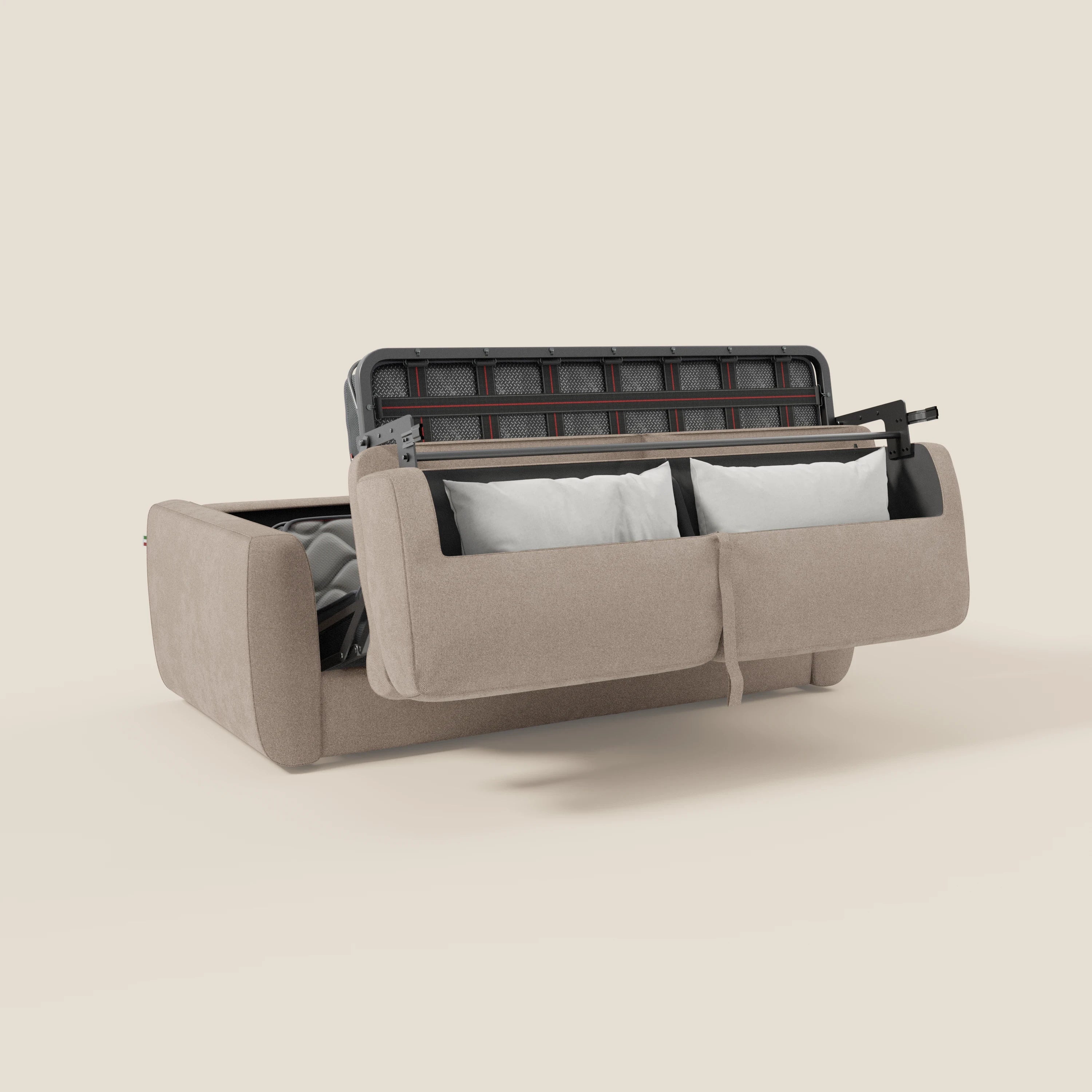 Leonida Abziehbares Schlafsofa mit Matratze H18 cm und Kissenfach aus abwaschbarem Stoff T23 graubeige