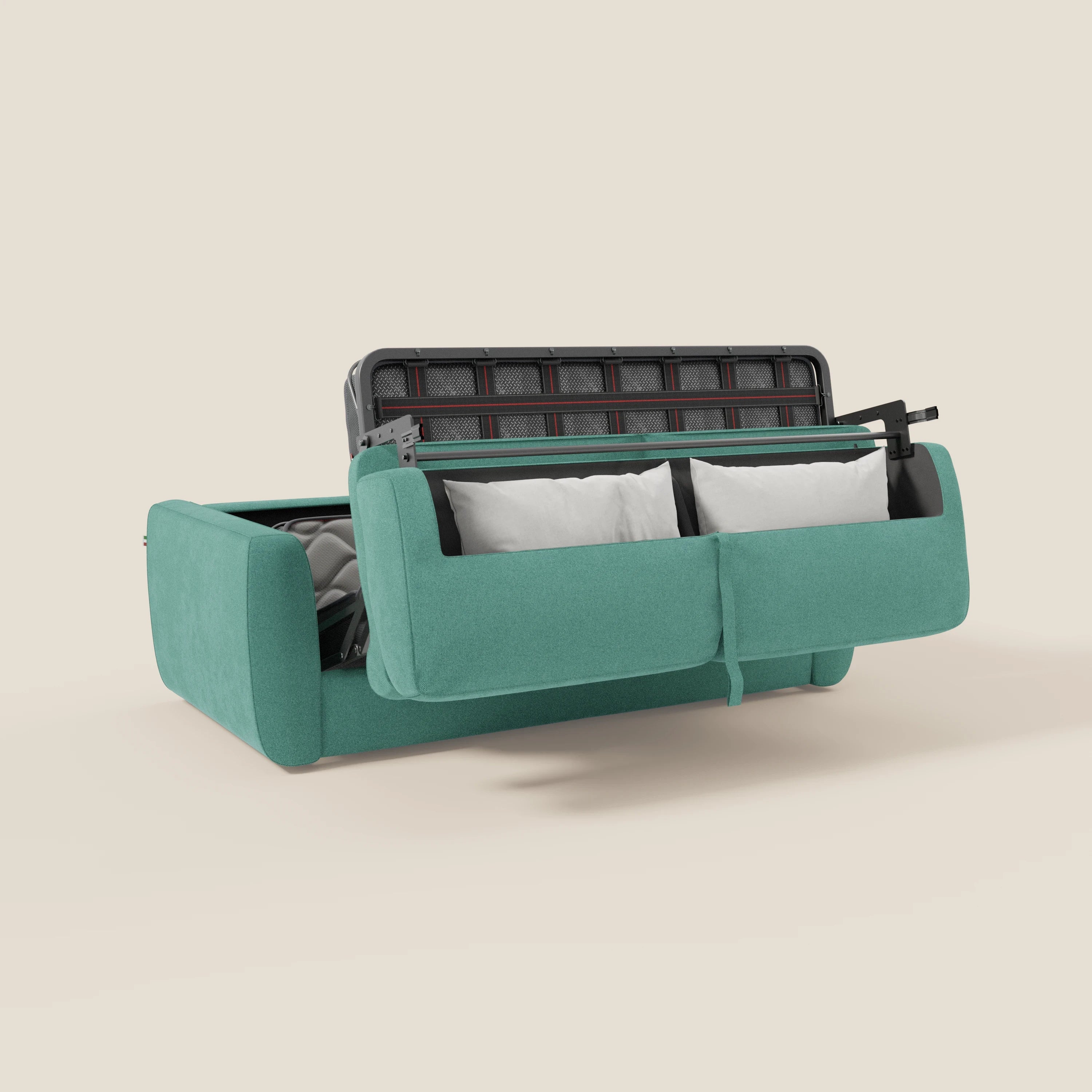 Leonida divano letto sfoderabile e materasso H18 cm - vano portaguanciali in tessuto Smacchiabile T23 verde acqua