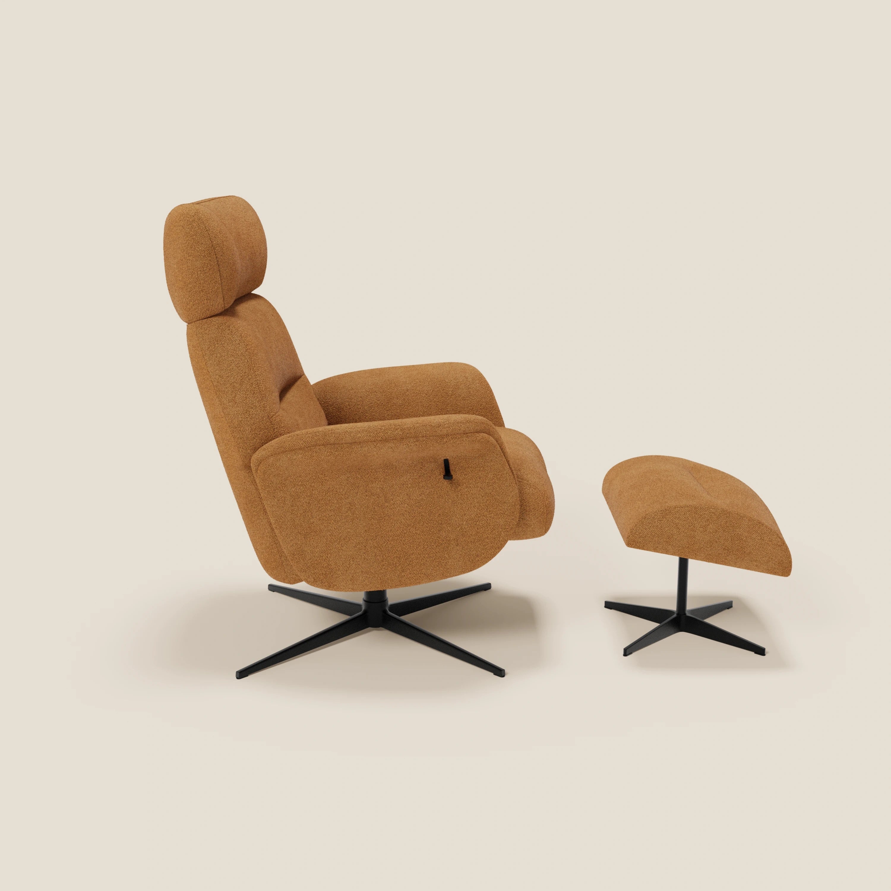 La poltrona relax Lunor reclinabile con pouf poggiapiedi di Divani.Store, rivestita in tessuto bouclé impermeabile T07 arancione, offre un comfort moderno con schienale alto, braccioli e base girevole nera ideale per spazi contemporanei.