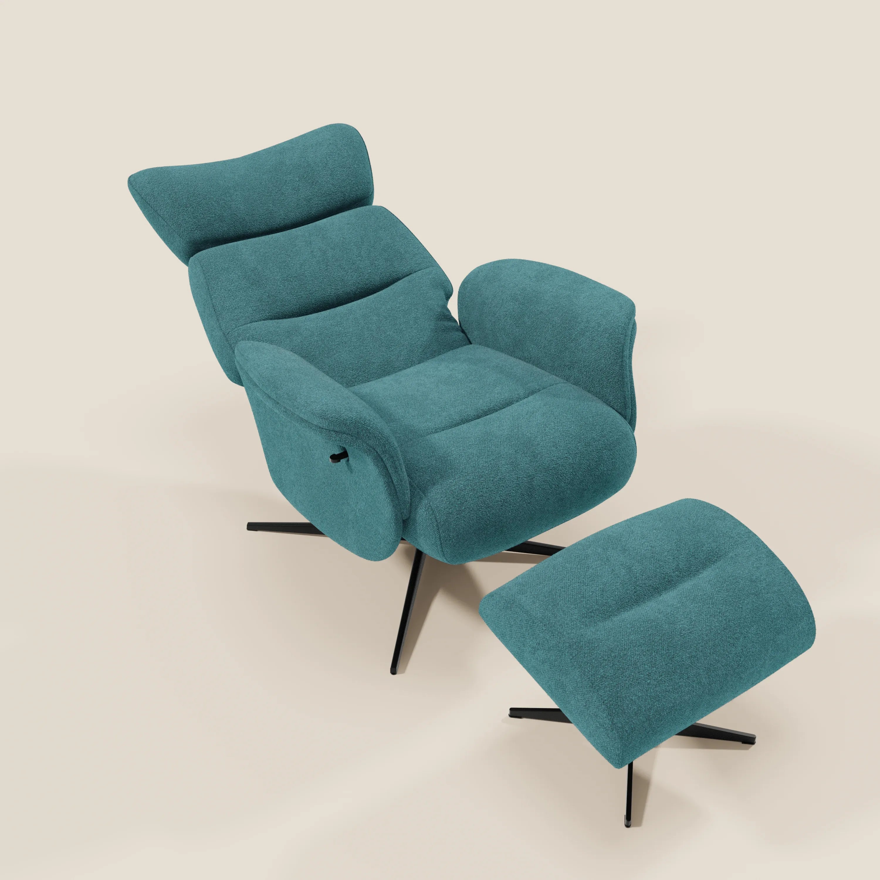 Lunor Poltrona relax reclinabile con pouf poggia-piedi in tessuto bouclé impermeabile T07 azzurro