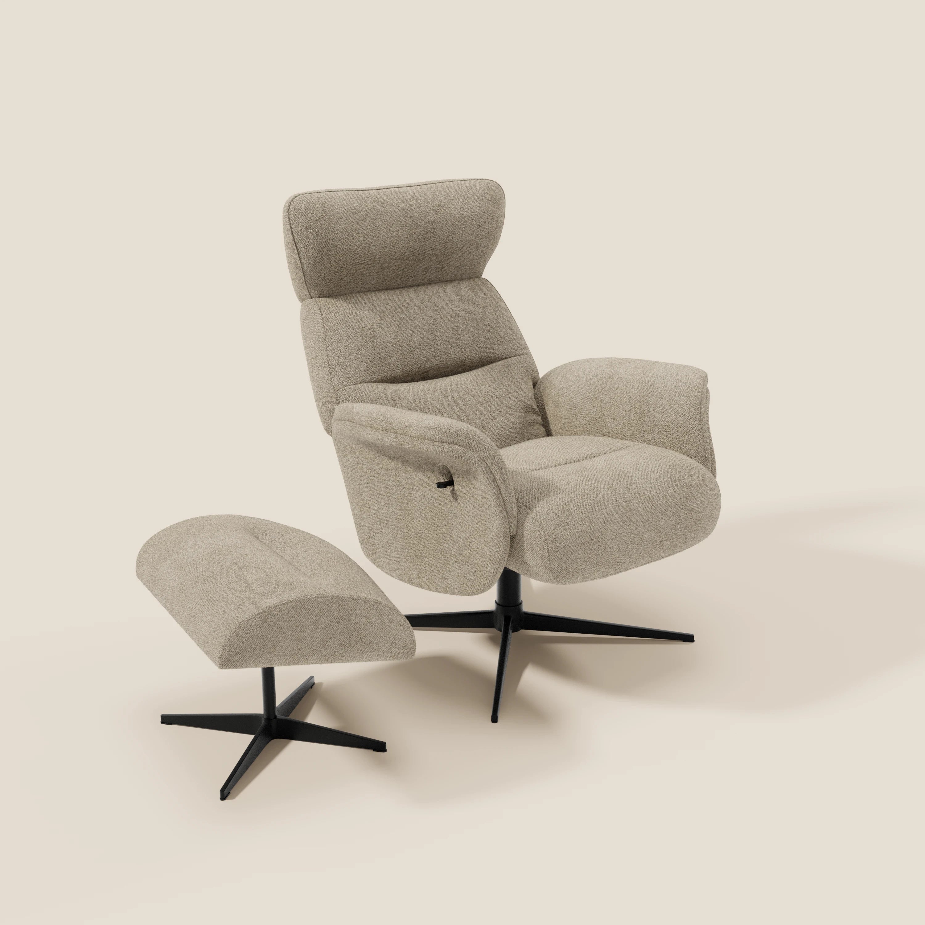 Lunor Poltrona relax reclinabile con pouf poggia-piedi in tessuto bouclé impermeabile T07 beige