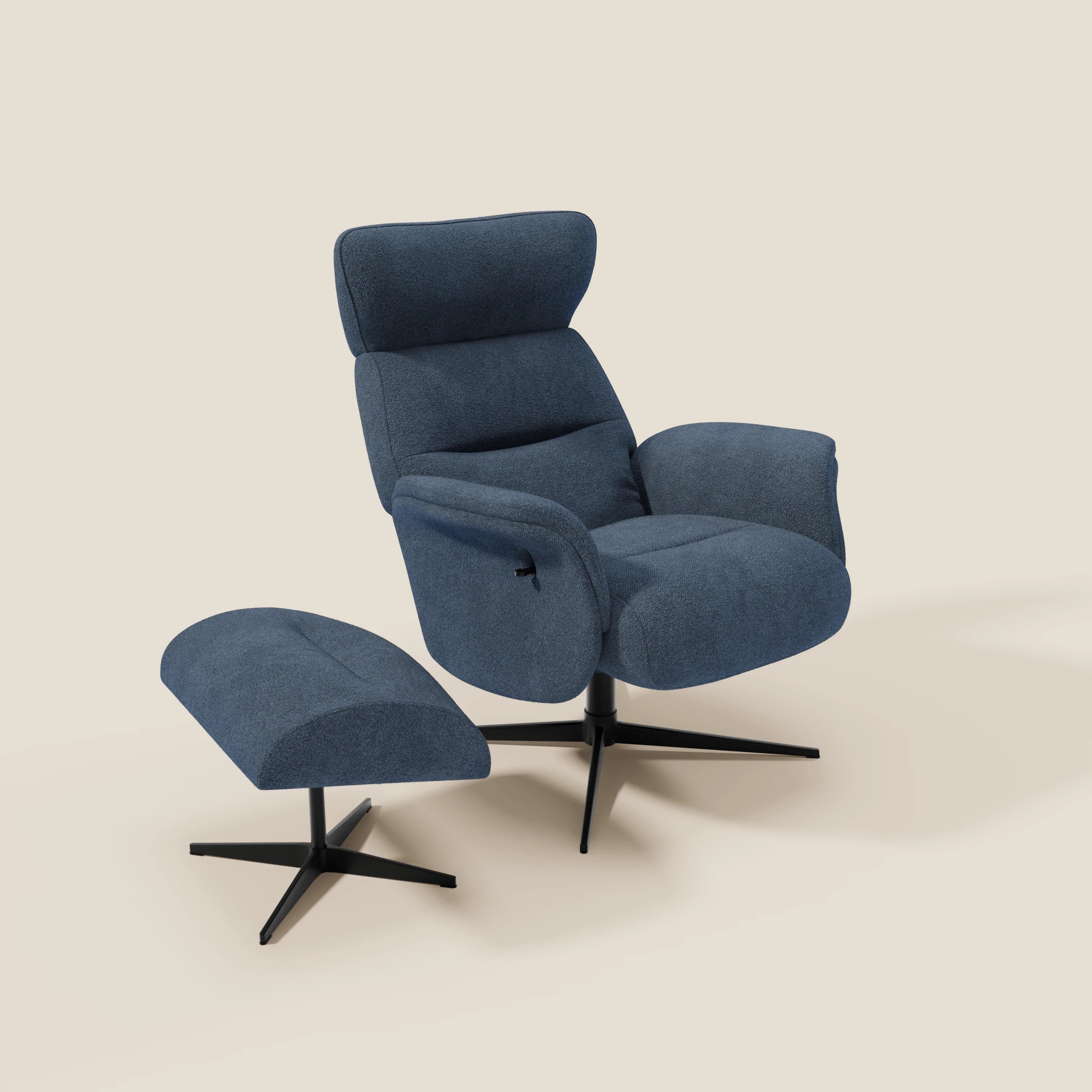 Lunor Poltrona relax reclinabile con pouf poggia-piedi in tessuto bouclé impermeabile T07 blu