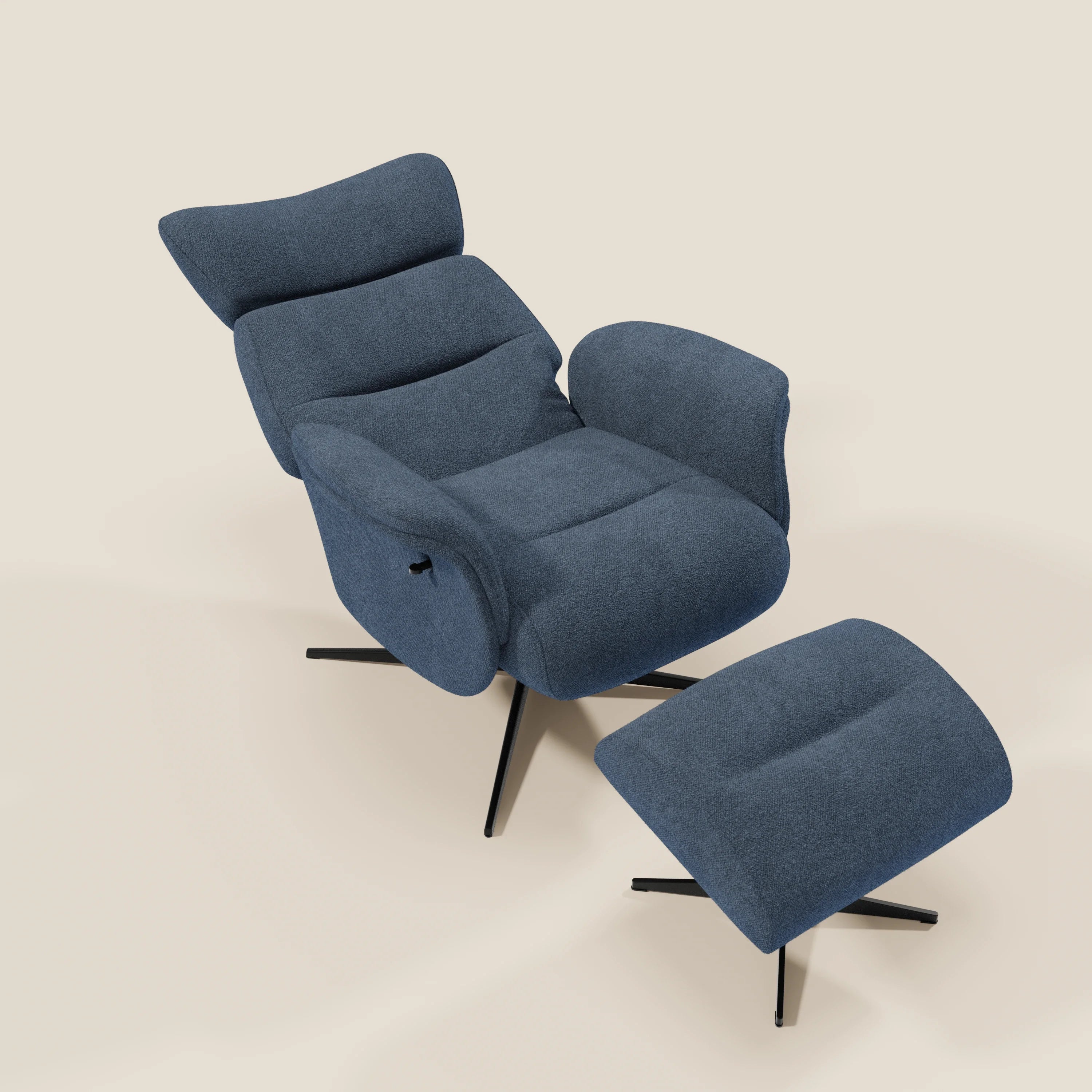 Lunor Poltrona relax reclinabile con pouf poggia-piedi in tessuto bouclé impermeabile T07 blu