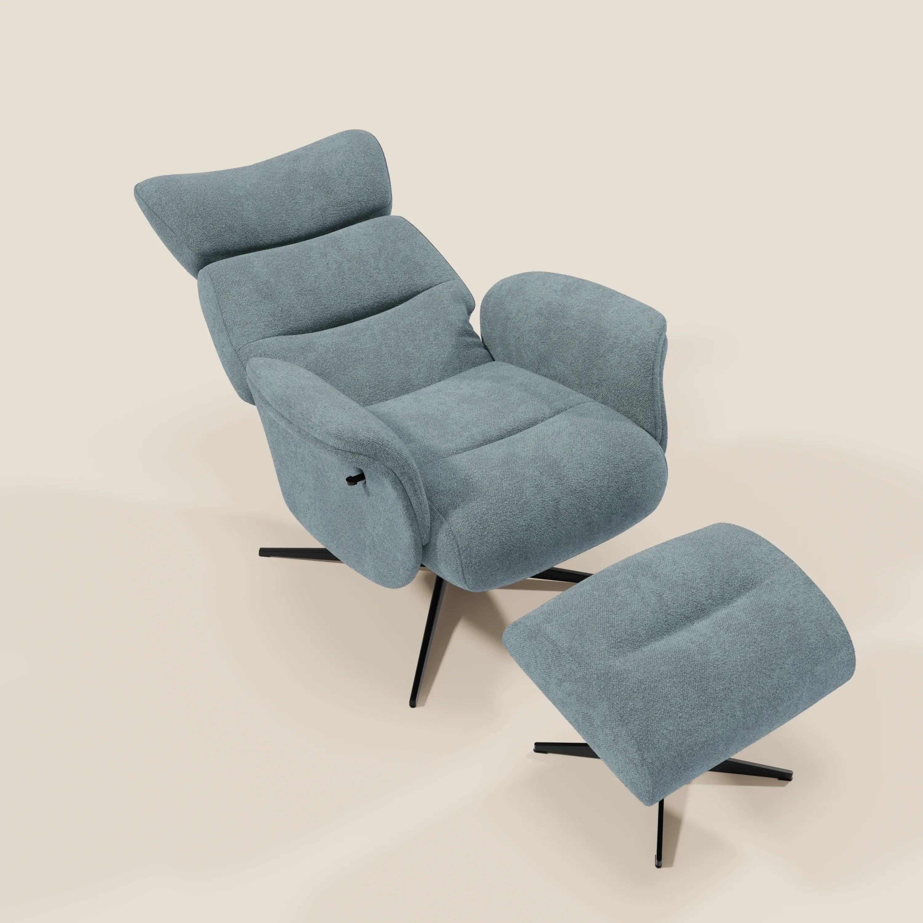 Lunor Poltrona relax reclinabile con pouf poggia-piedi in tessuto bouclé impermeabile T07 carta da zucchero
