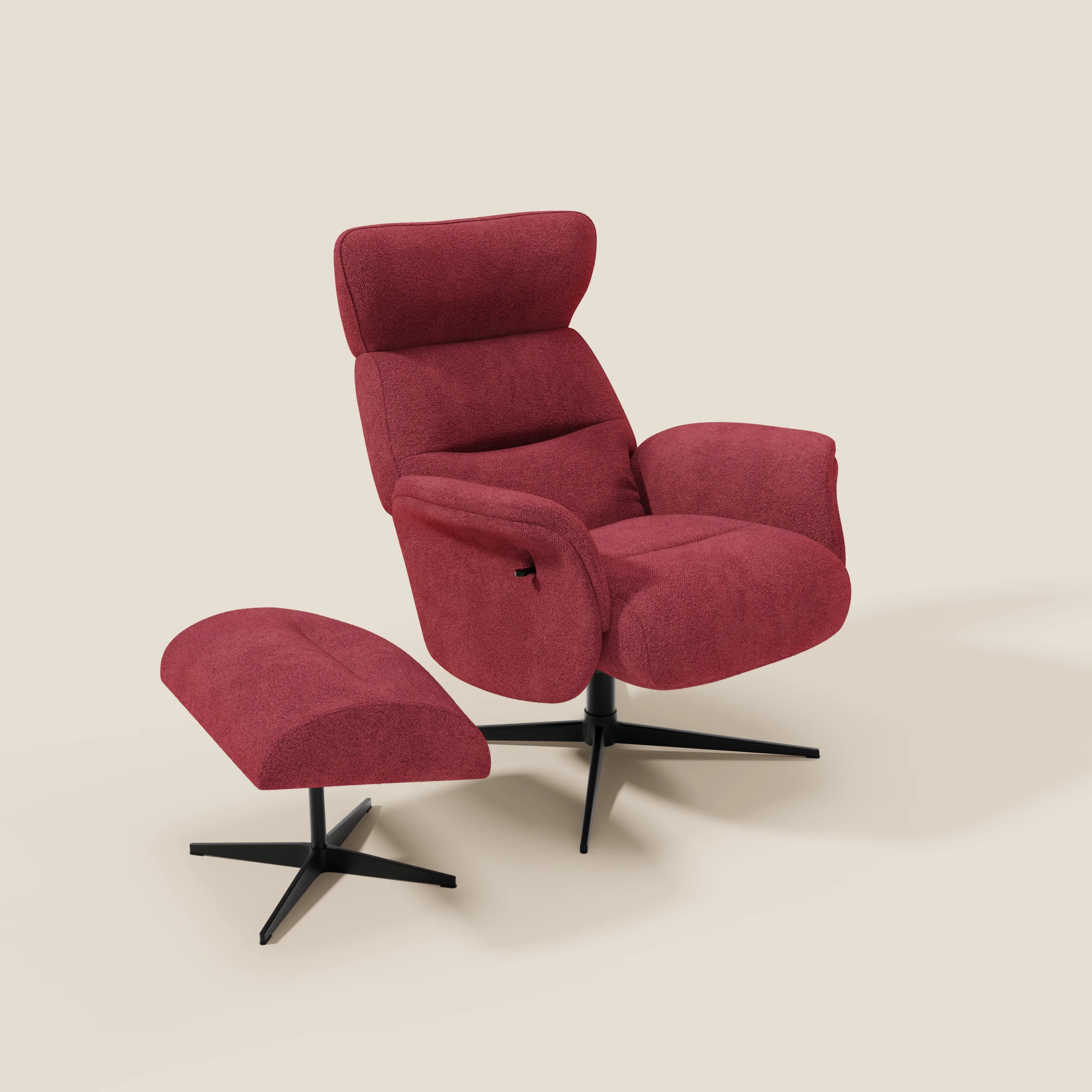 Lunor Poltrona relax reclinabile con pouf poggia-piedi in tessuto bouclé impermeabile T07 rosso