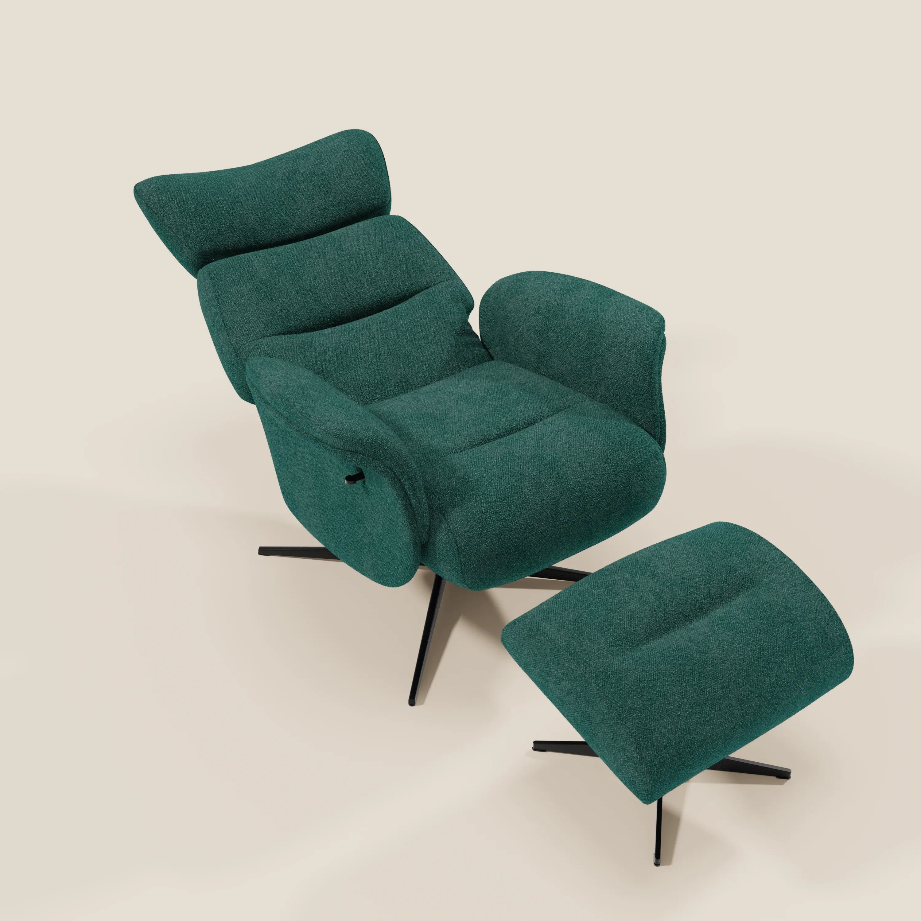 Lunor Poltrona relax reclinabile con pouf poggia-piedi in tessuto bouclé impermeabile T07 verde
