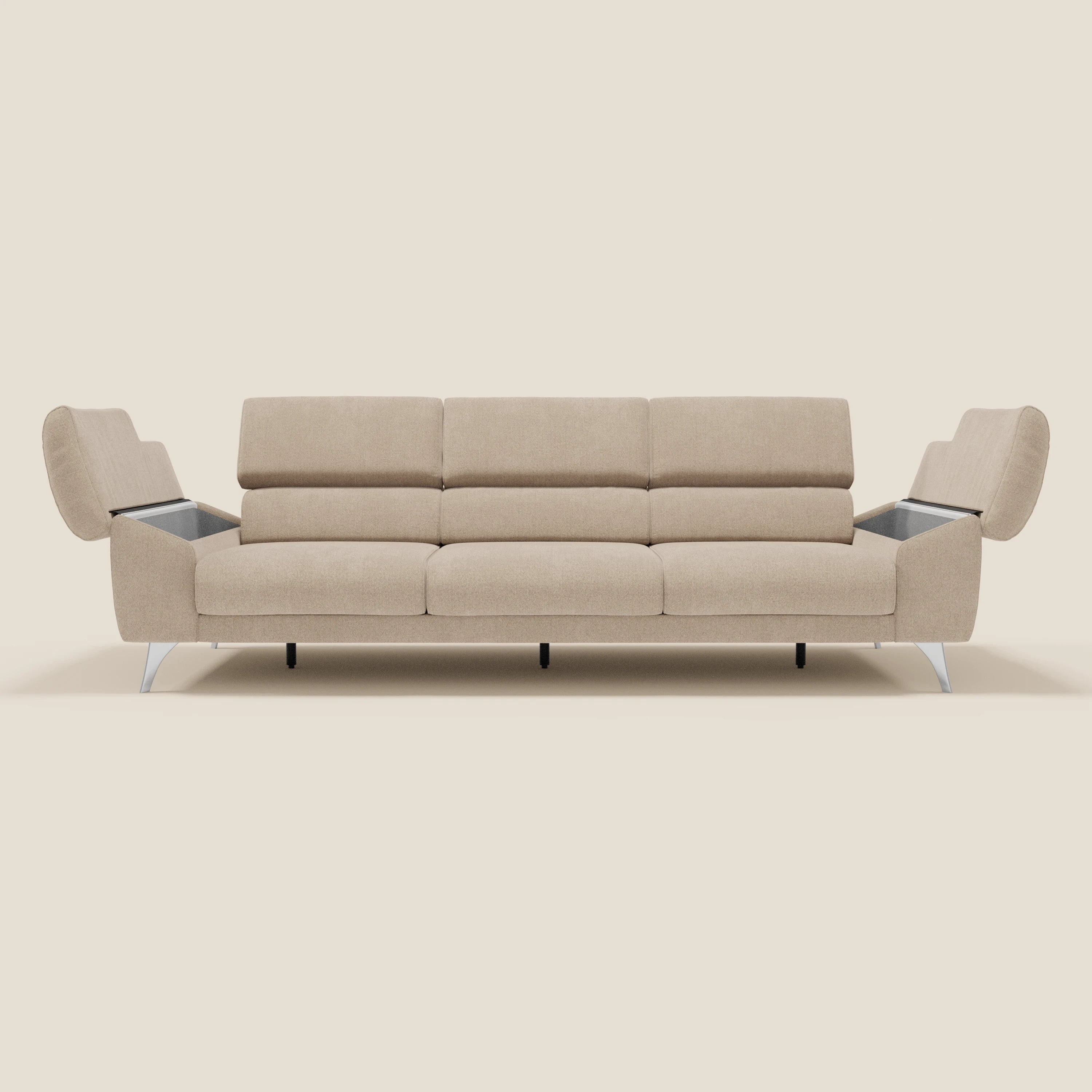 Donatello divano con 3 sedute allungabili braccioli contenitore e poggiatesta reclinabili in tessuto smacchiabile T23 beige