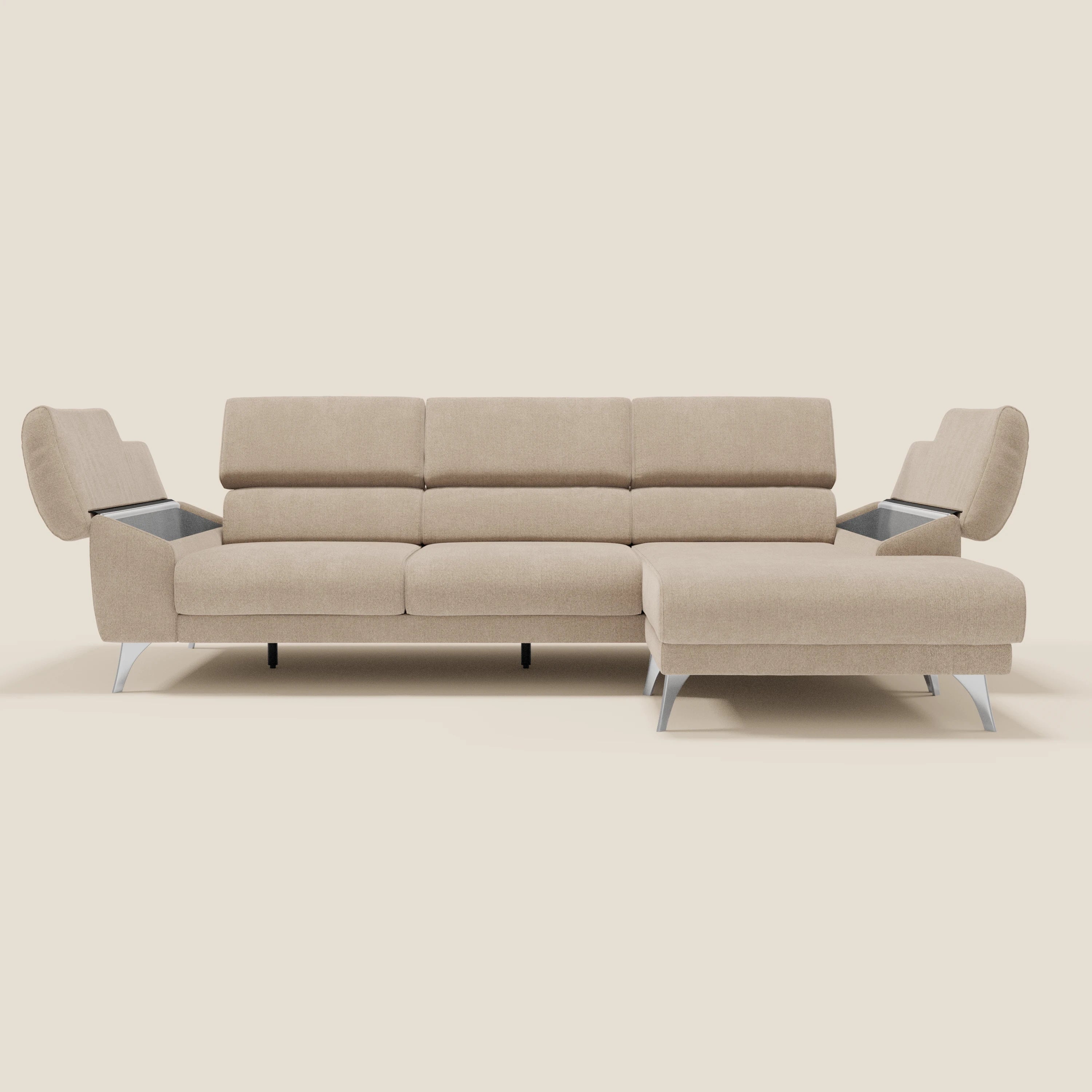 Donatello Divano angolare con sedute scorrevoli braccioli contenitore e poggiatesta in tessuto morbido smacchiabile T23 beige