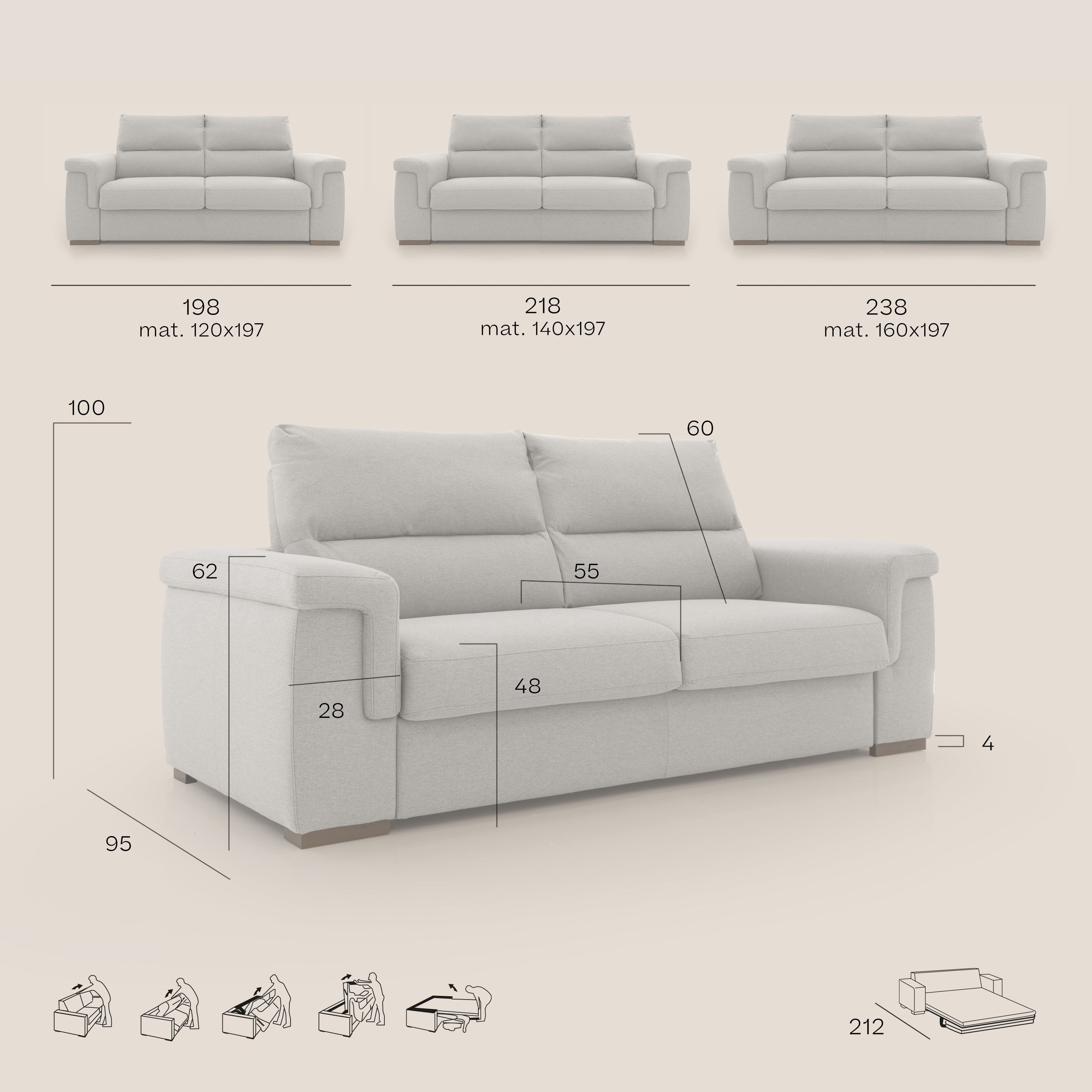 Magnolia divano letto con materasso alto 18 cm morbido schienale alto in tessuto smacchiabile T05 beige - divani.store