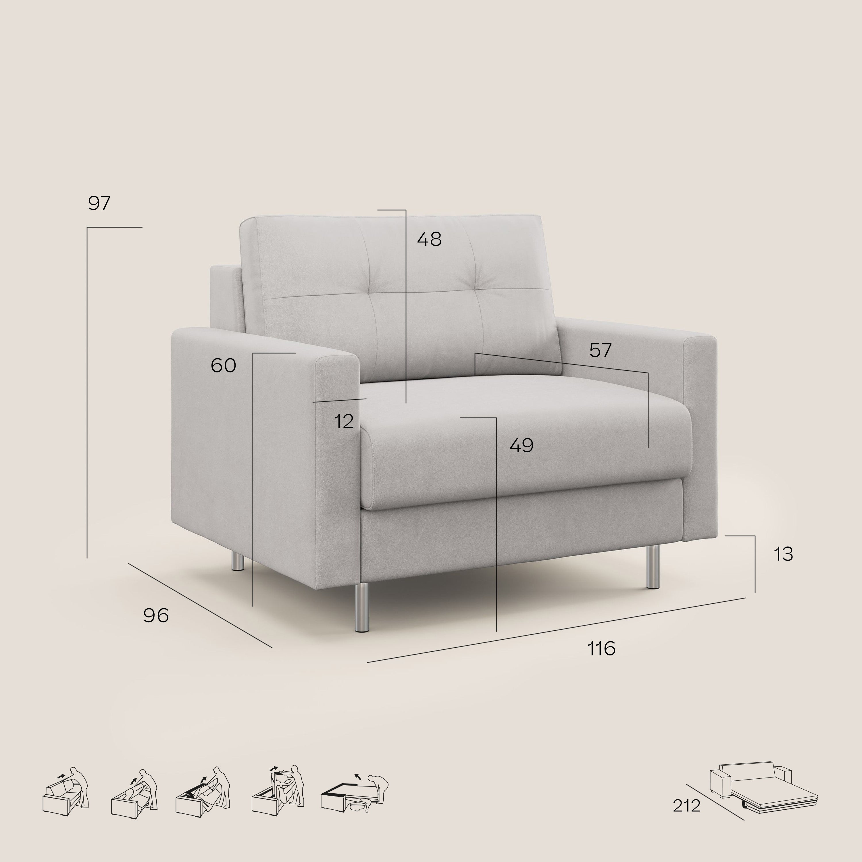 Megan poltrona letto in microfibra smacchiabile T11 tortora - divani.store