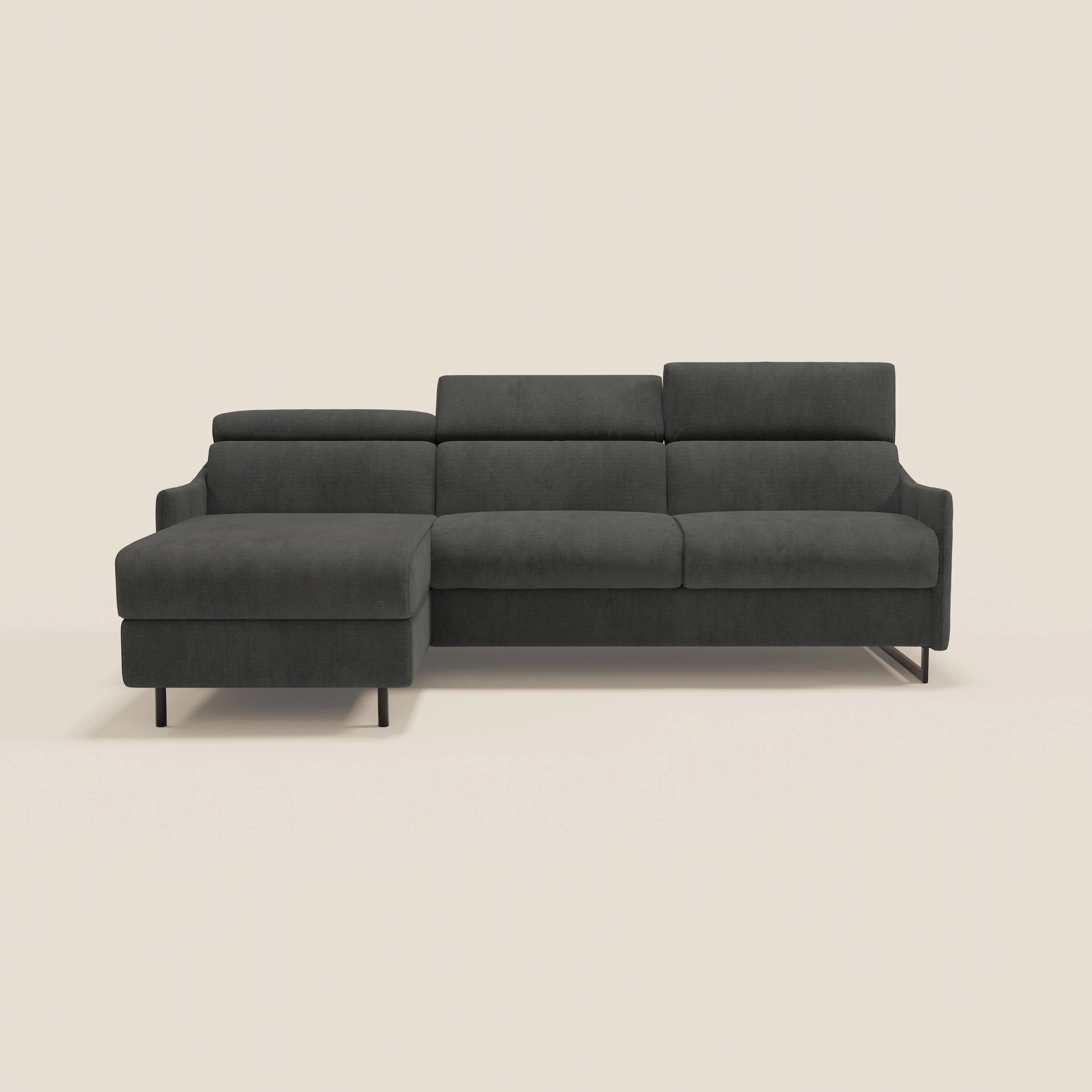 Loto Divano Letto Angolare con Penisola contenitore, Poggiatesta, Materasso Alto H18 in morbido tessuto impermeabile T14 - divani.store