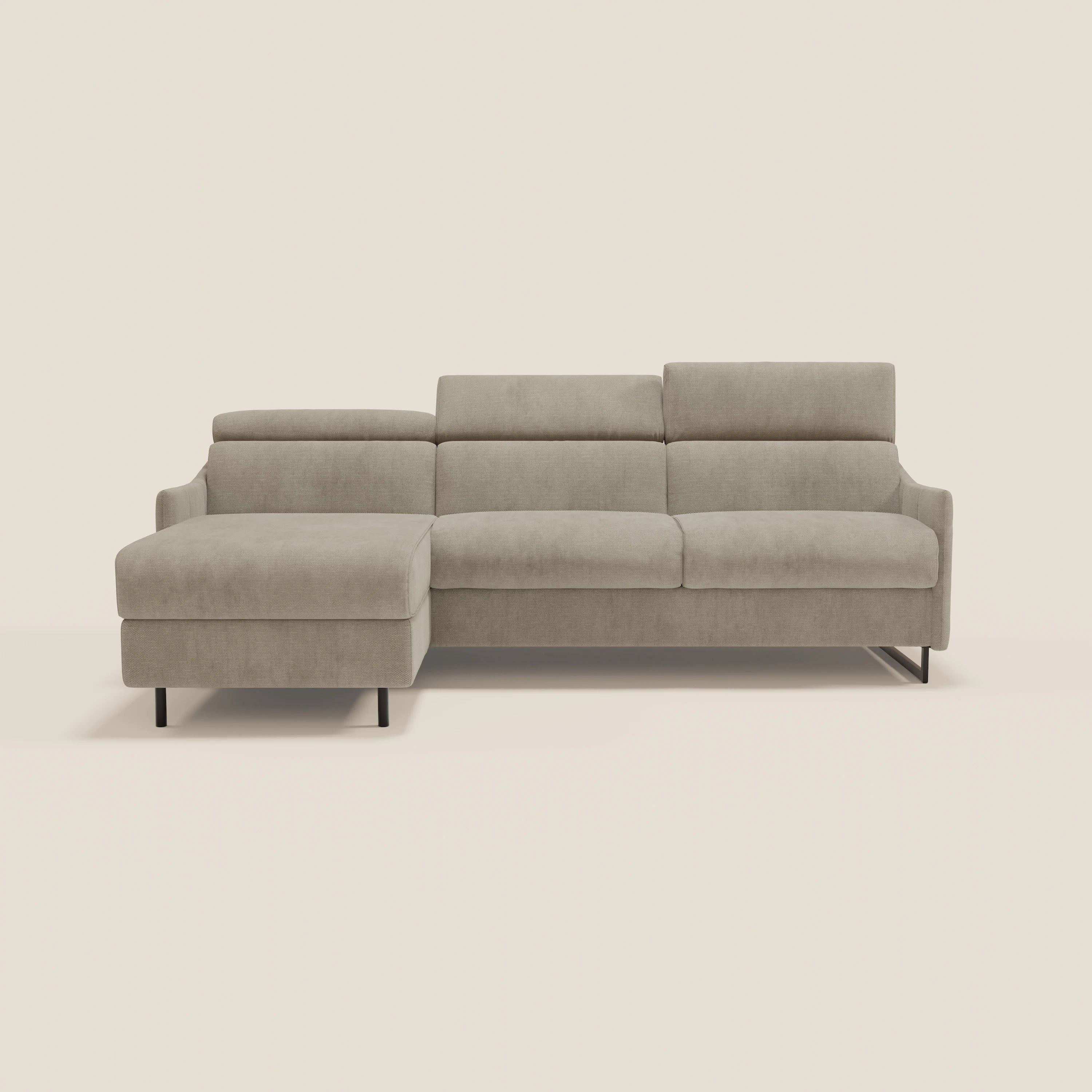 Loto Divano Letto Angolare con Penisola contenitore, Poggiatesta, Materasso Alto H18 in morbido tessuto impermeabile T14 - divani.store