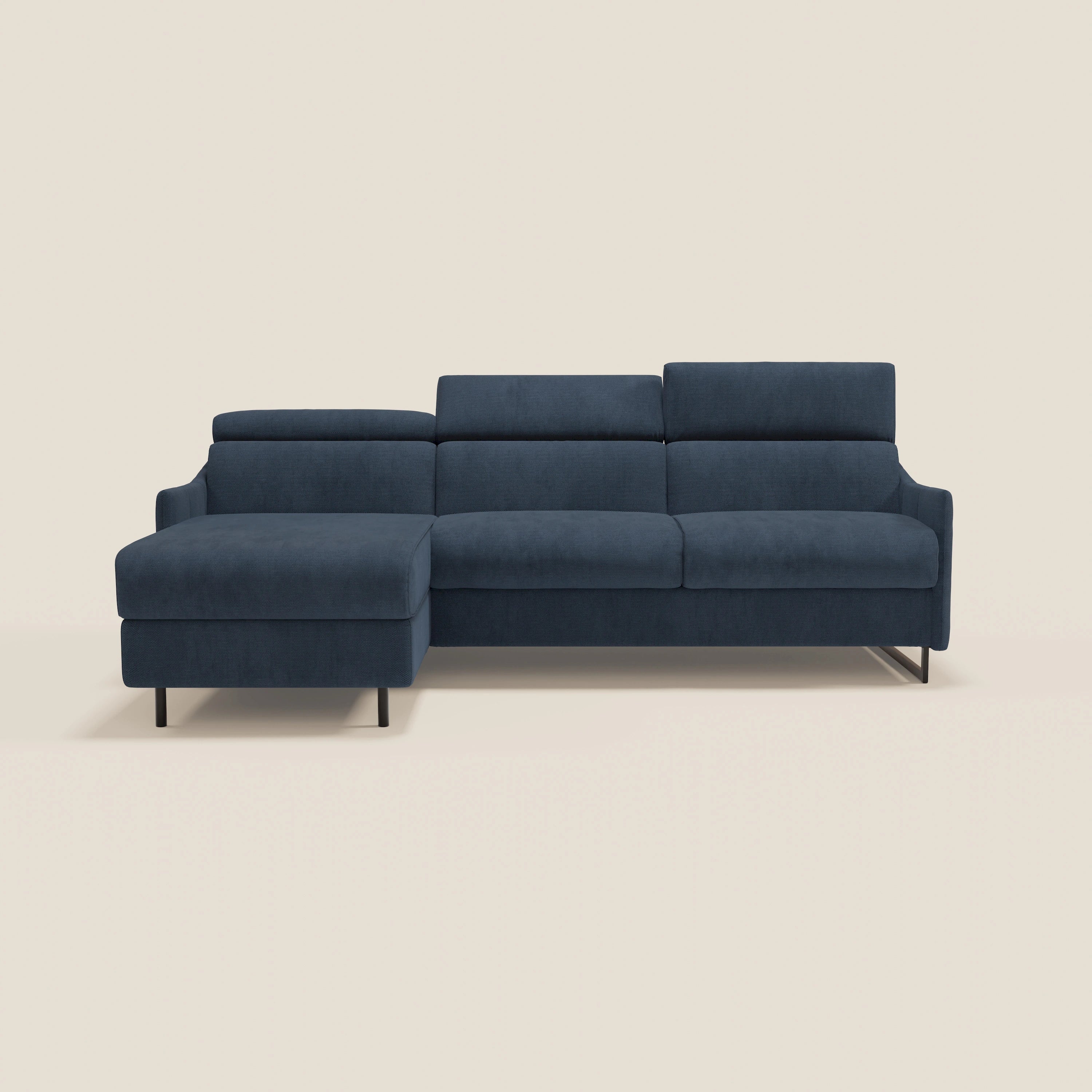 Loto Divano Letto Angolare con Penisola contenitore, Poggiatesta, Materasso Alto H18 in morbido tessuto impermeabile T14 - divani.store