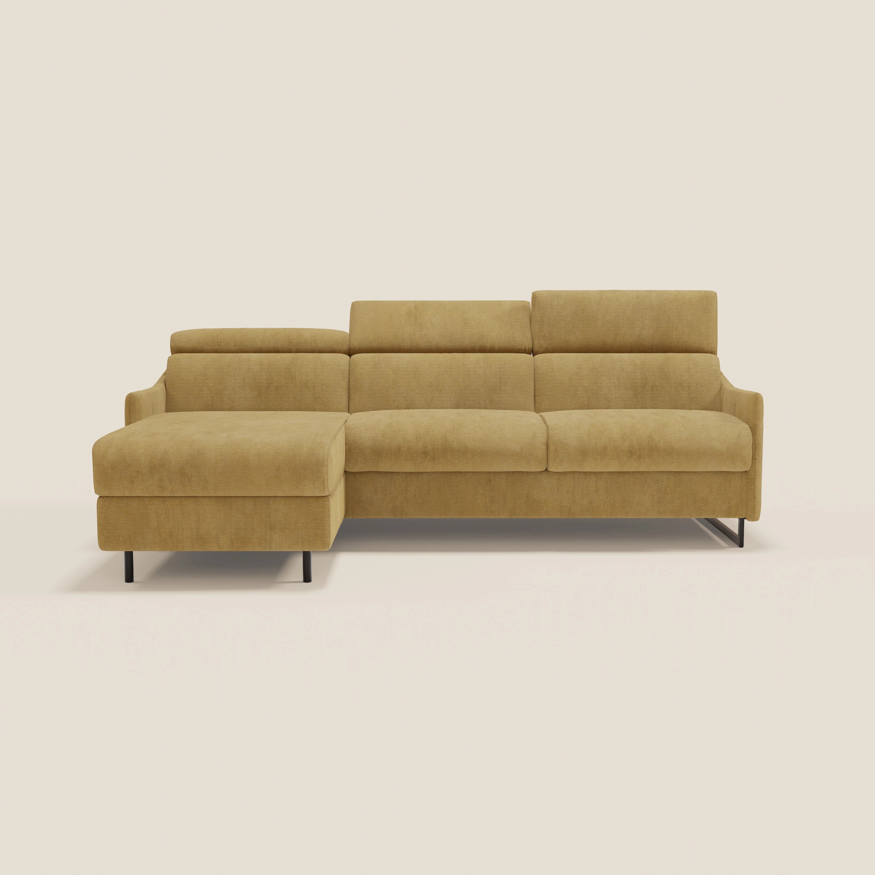 Loto Divano Letto Angolare con Penisola contenitore, Poggiatesta, Materasso Alto H18 in morbido tessuto impermeabile T14 - divani.store