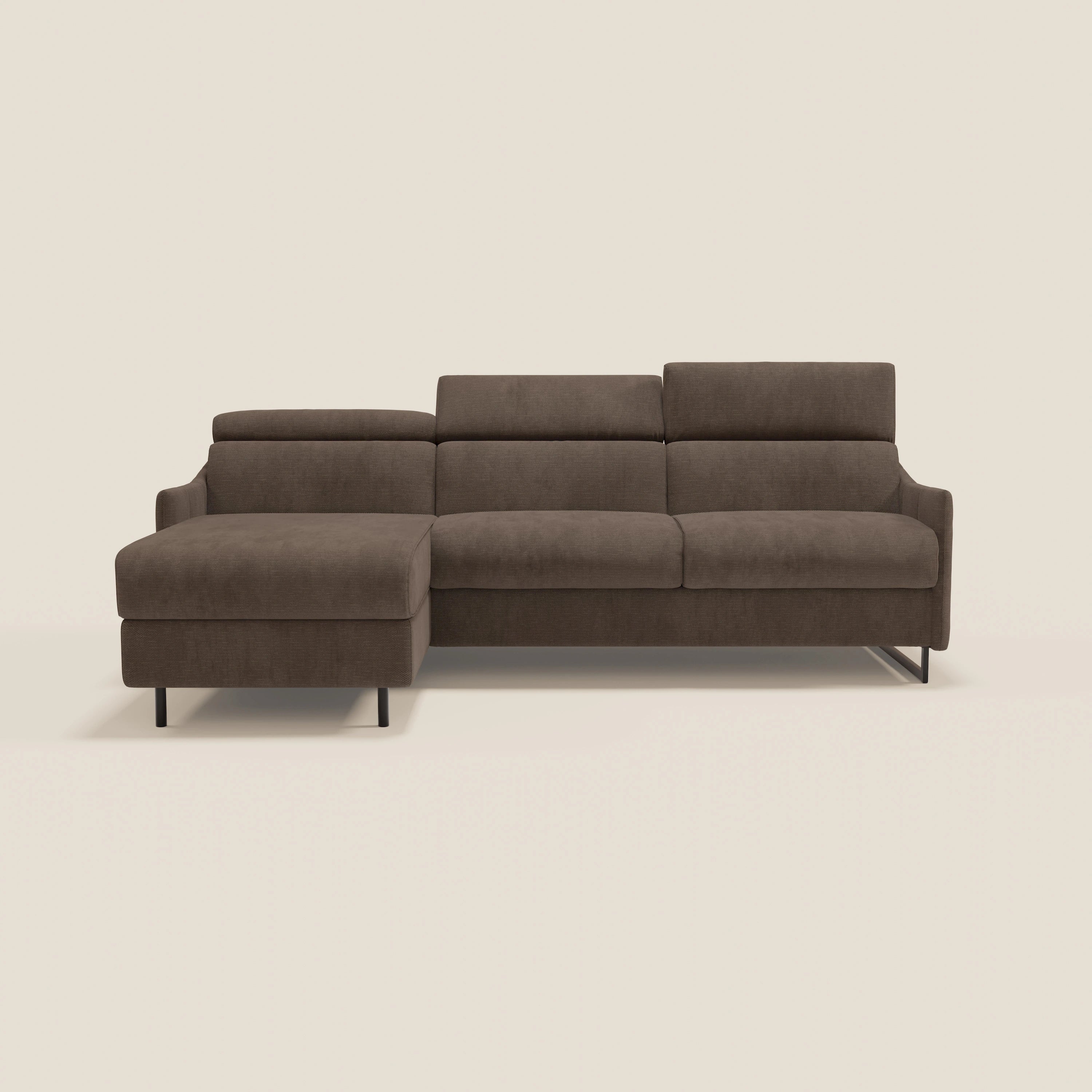 Loto Divano Letto Angolare con Penisola contenitore, Poggiatesta, Materasso Alto H18 in morbido tessuto impermeabile T14 - divani.store