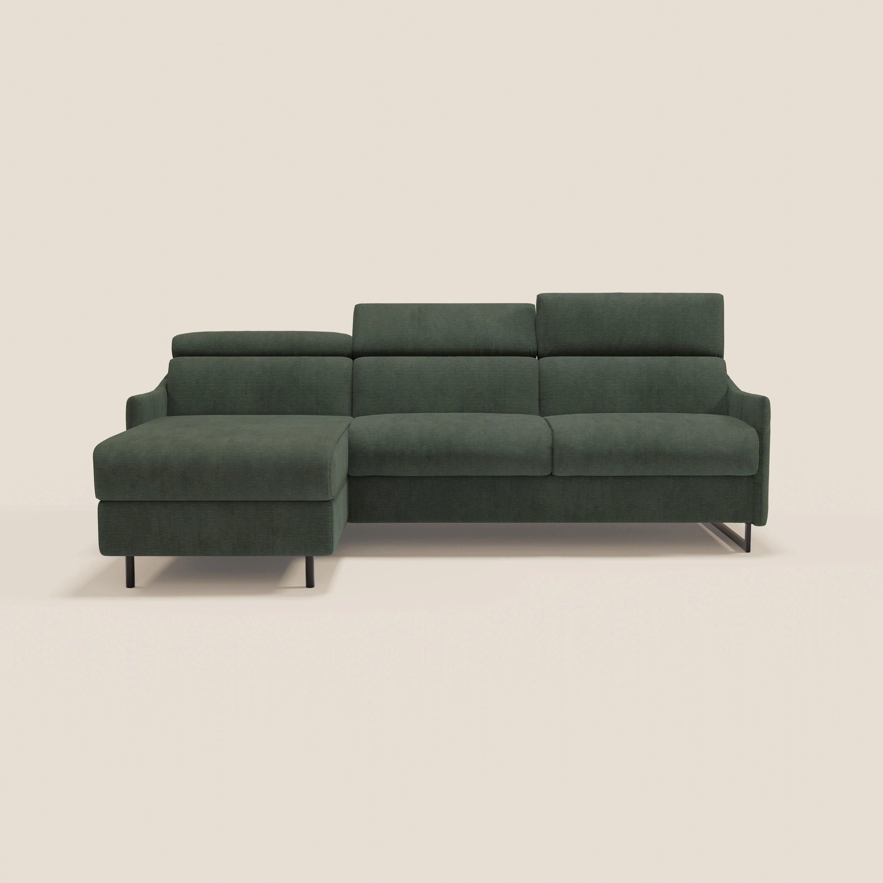 Loto Divano Letto Angolare con Penisola contenitore, Poggiatesta, Materasso Alto H18 in morbido tessuto impermeabile T14 - divani.store