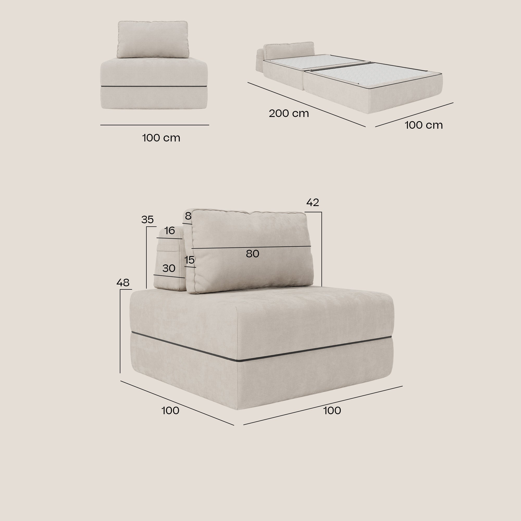 Rift poltrona letto con materasso alto 22 cm e memory foam - schienale mobile e tessuto smacchiabile T31 - divani.store