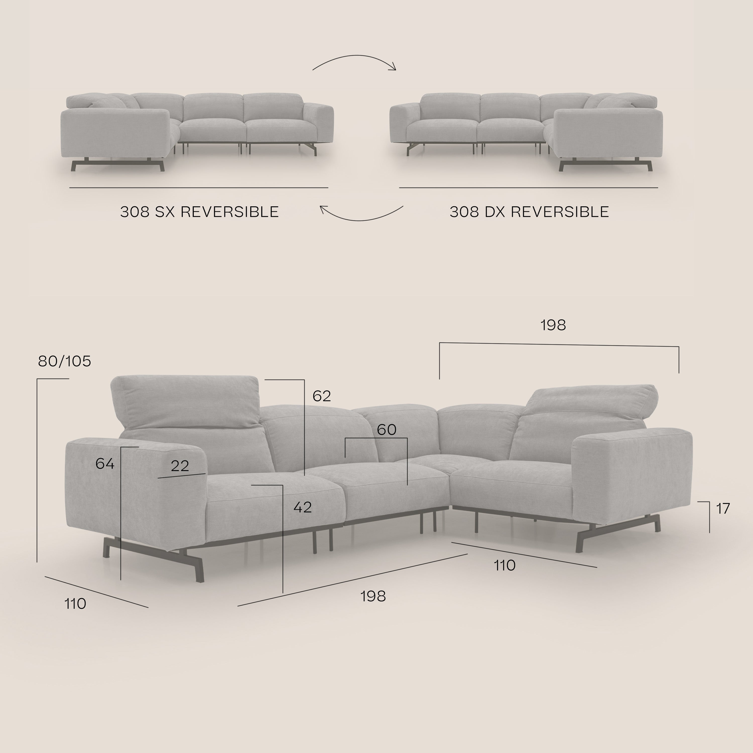 Sakura divano in piuma d'oca angolare REVERSIBILE in morbido tessuto fiammato impermeabile T14 beige