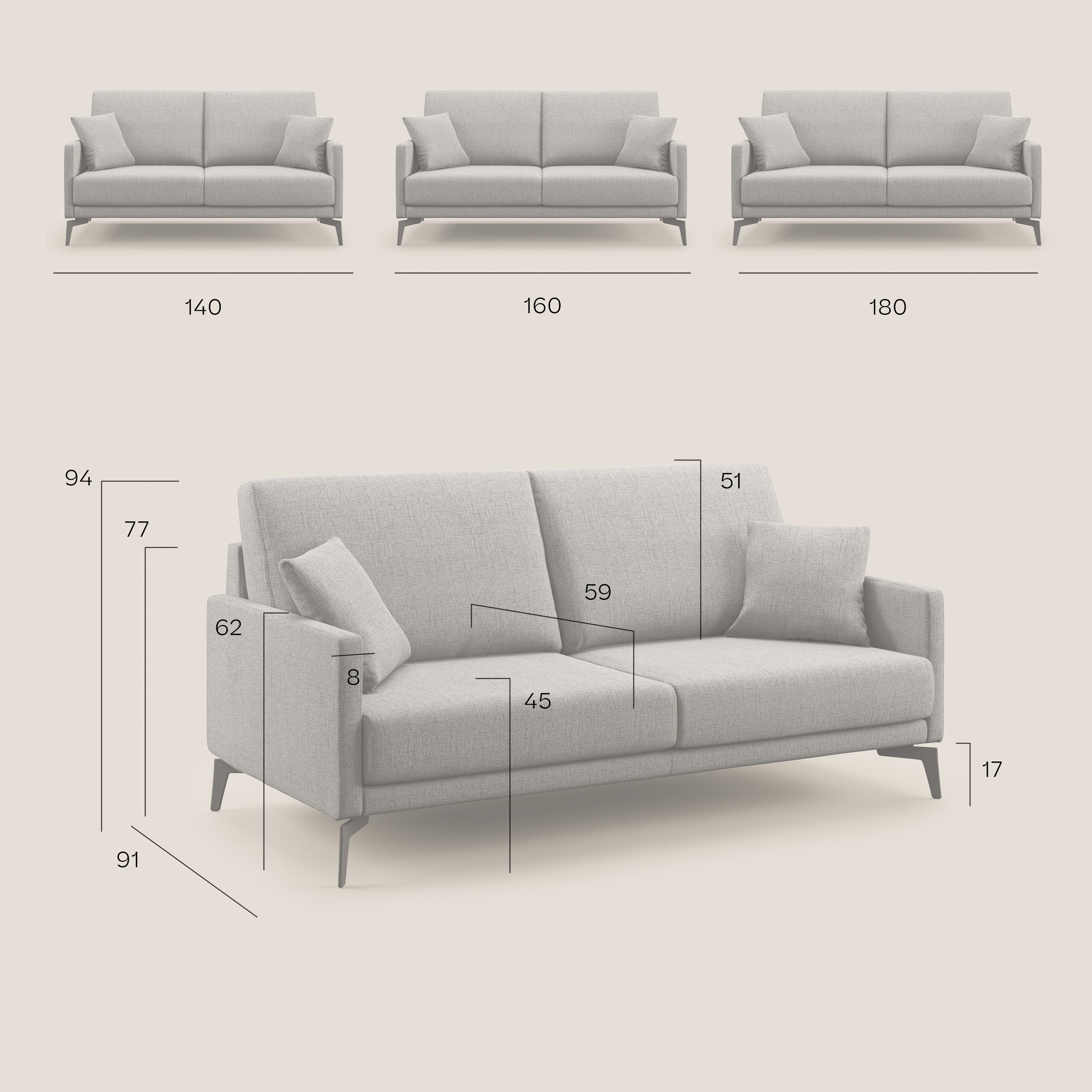 Saturno divano moderno in tessuto morbido impermeabile T03 grigio chiaro - divani.store