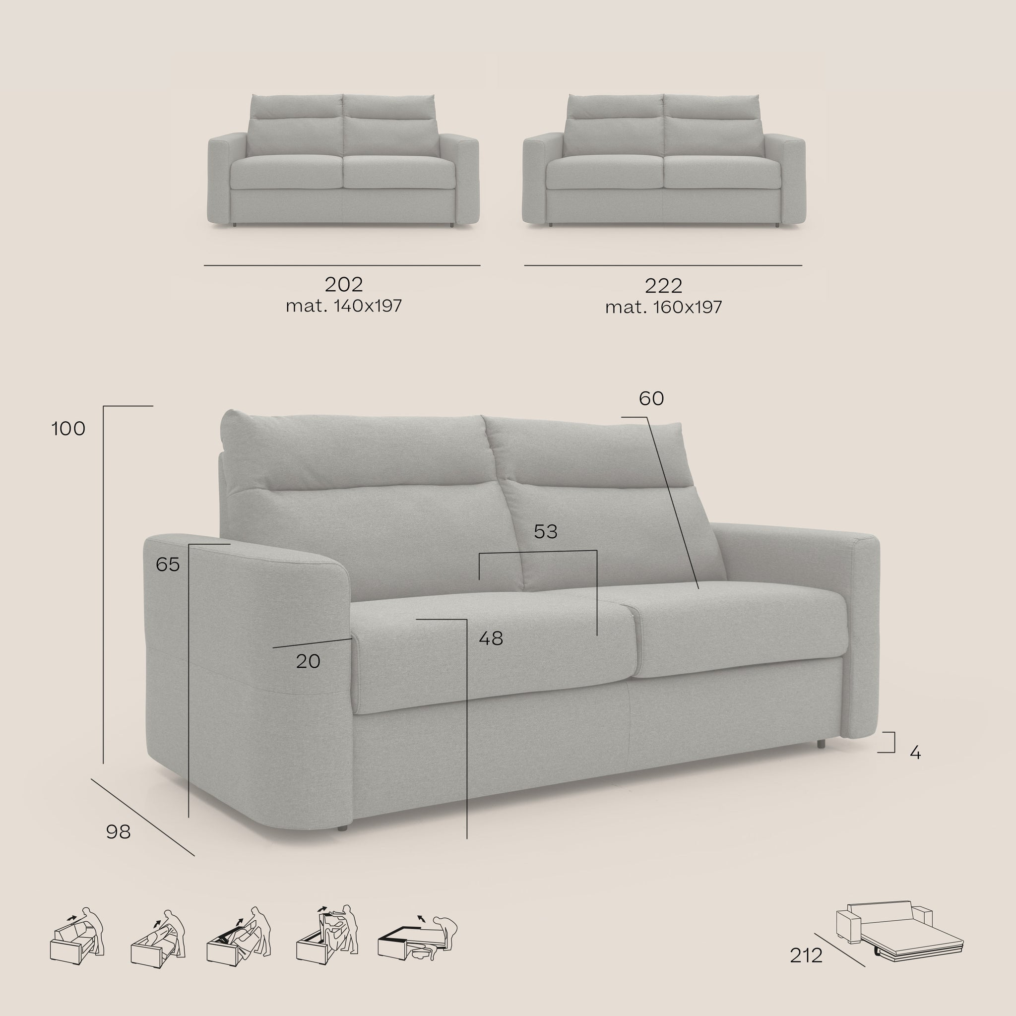 Cupido Divano letto 202 cm (mat.140x197 cm) materasso H18 in tessuto impermeabile simil cotone T13 TORTORA