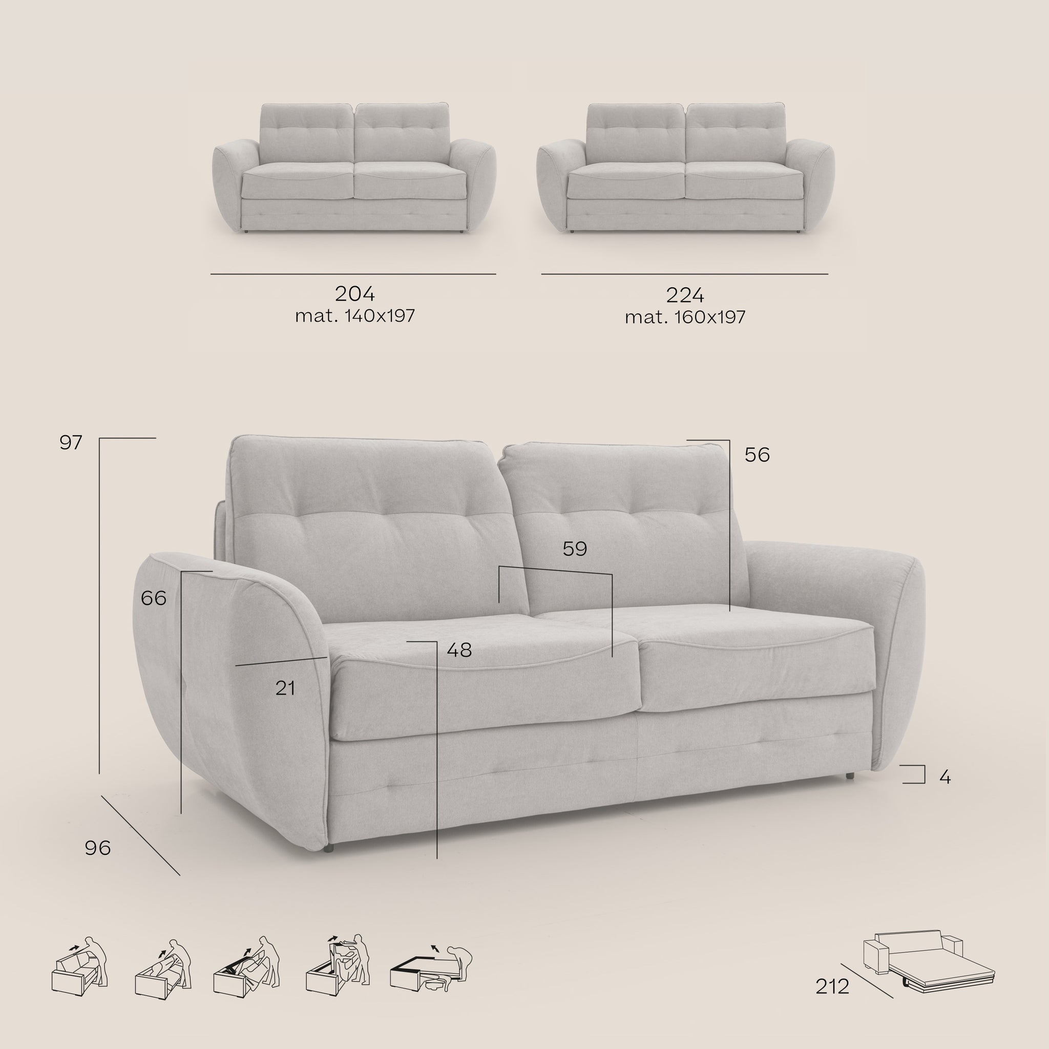 Zeus Divano letto scandinavo 204 cm (mat. 140x197 cm) con schienale alto in tessuto impermeabile T02 GRIGIO CHIARO