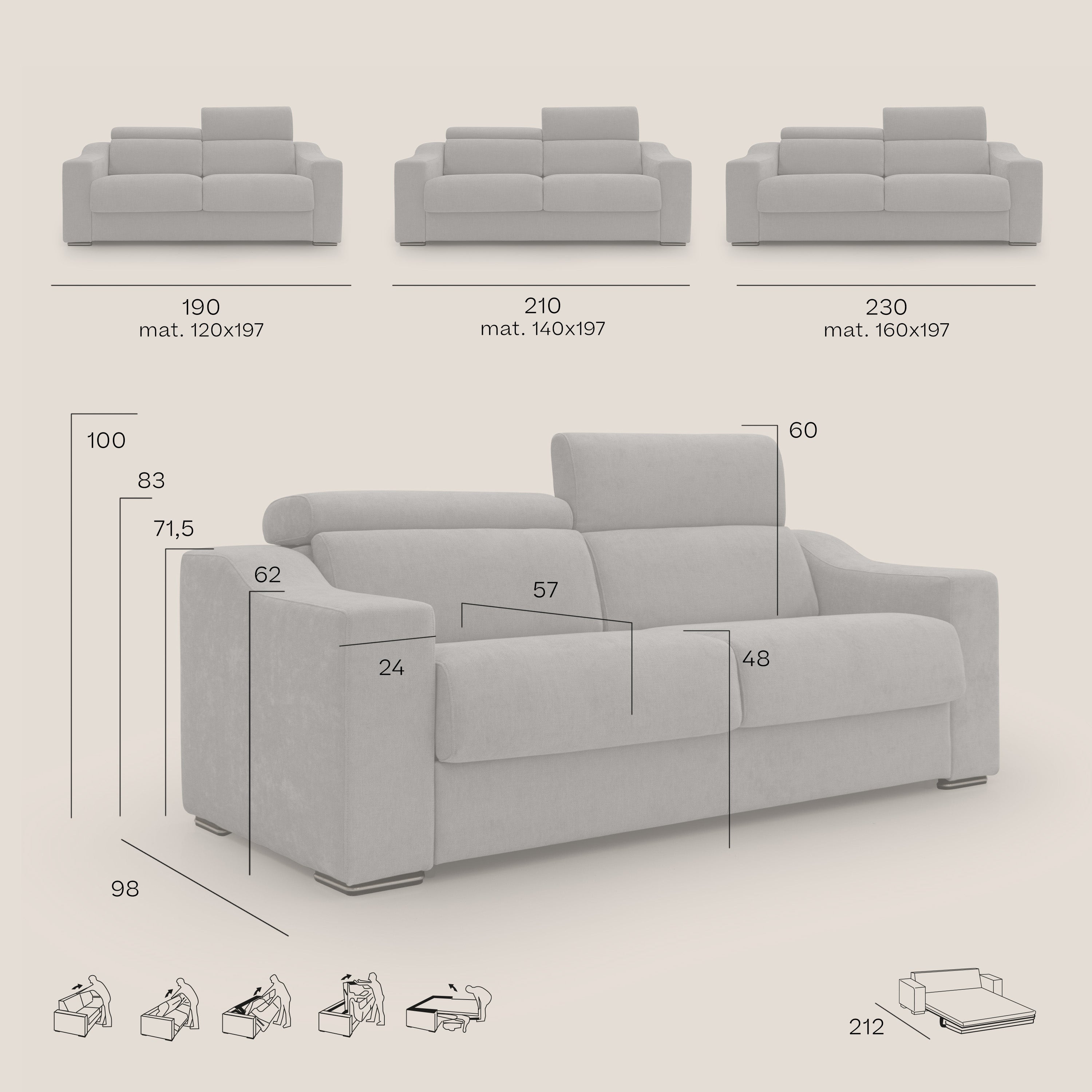 Bomber divano letto matrimoniale con poggiatesta in tessuto impermeabile T14 blu - divani.store