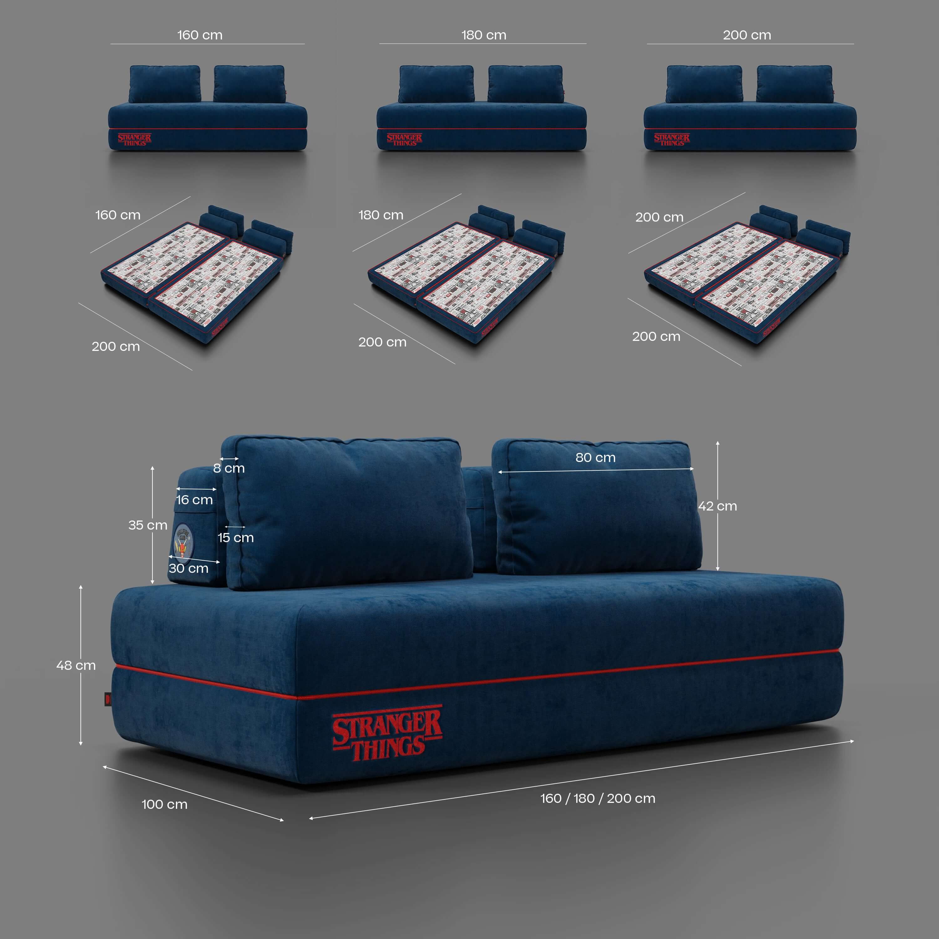 Rift divano letto matrimoniale STRANGER THINGS Edition 2 posti e 3 posti con schienali mobili - materasso alto 22 cm e memory foam in tessuto smacchiabile Blu