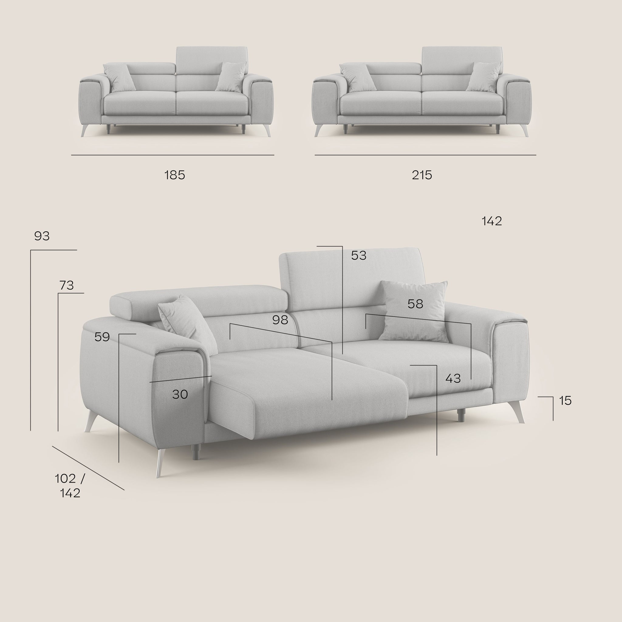 Fusion divano con sedute allungabili in tessuto smacchiabile T05