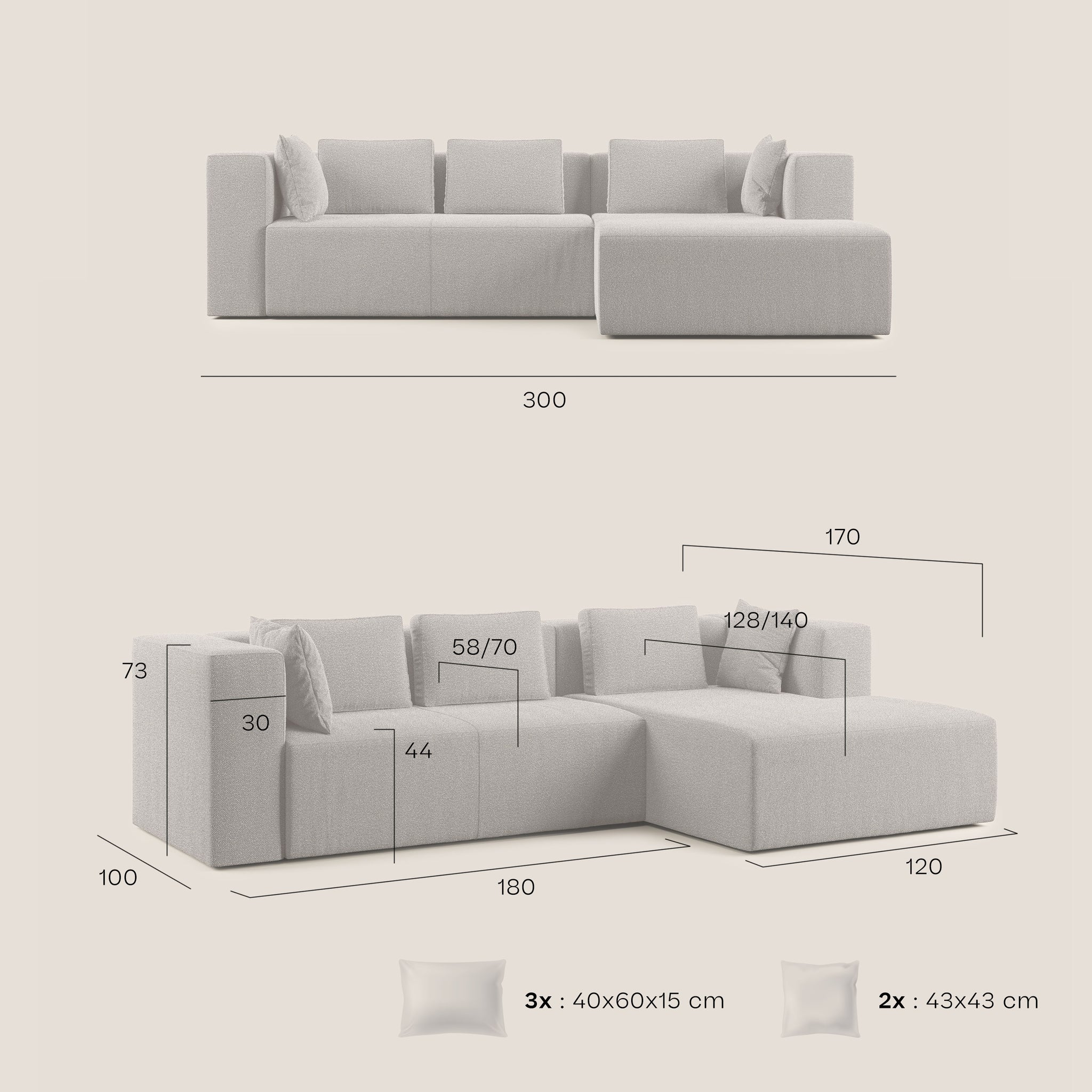Nettuno divano angolare componibile in morbido tessuto bouclè T07